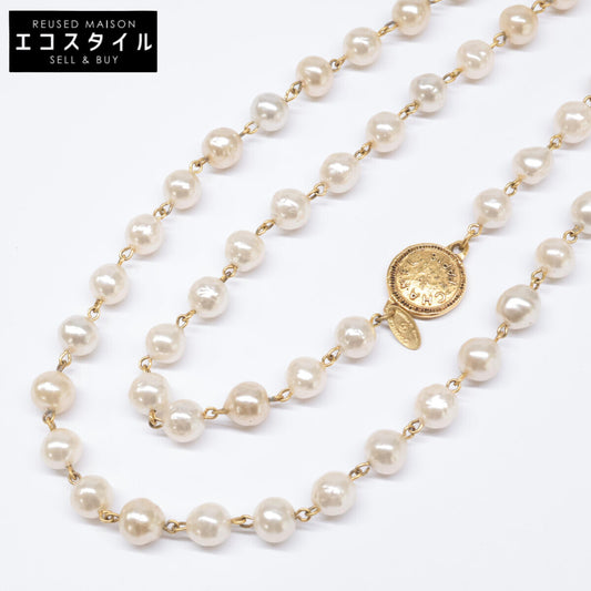 CHANEL シャネル 12P A61660Y09448 ヴィンテージ ロゴプレート フェイクバロックパール ロング ネックレス