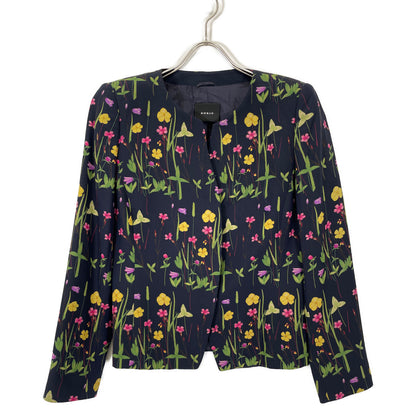 AKRIS アクリス ネイビー シルク フラワー ノーカラージャケット ジャケット 42