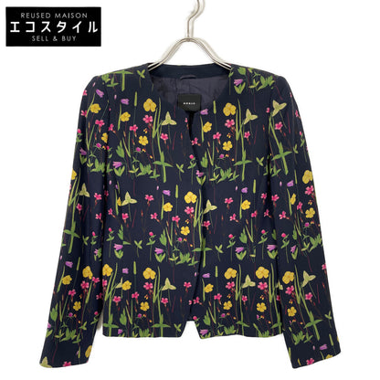 AKRIS アクリス ネイビー シルク フラワー ノーカラージャケット ジャケット 42