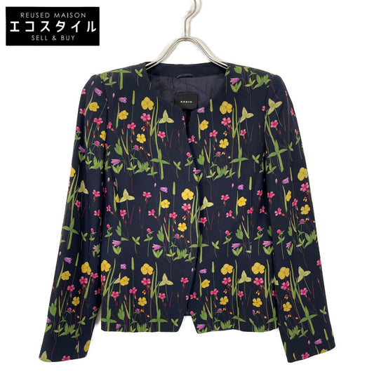 AKRIS アクリス ネイビー シルク フラワー ノーカラージャケット ジャケット 42