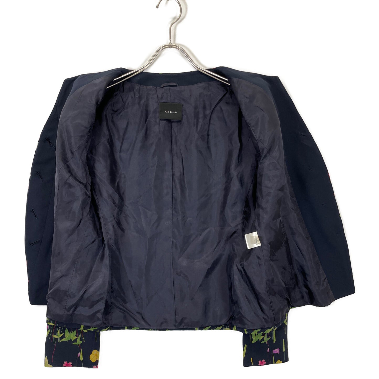 AKRIS アクリス ネイビー シルク フラワー ノーカラージャケット ジャケット 42