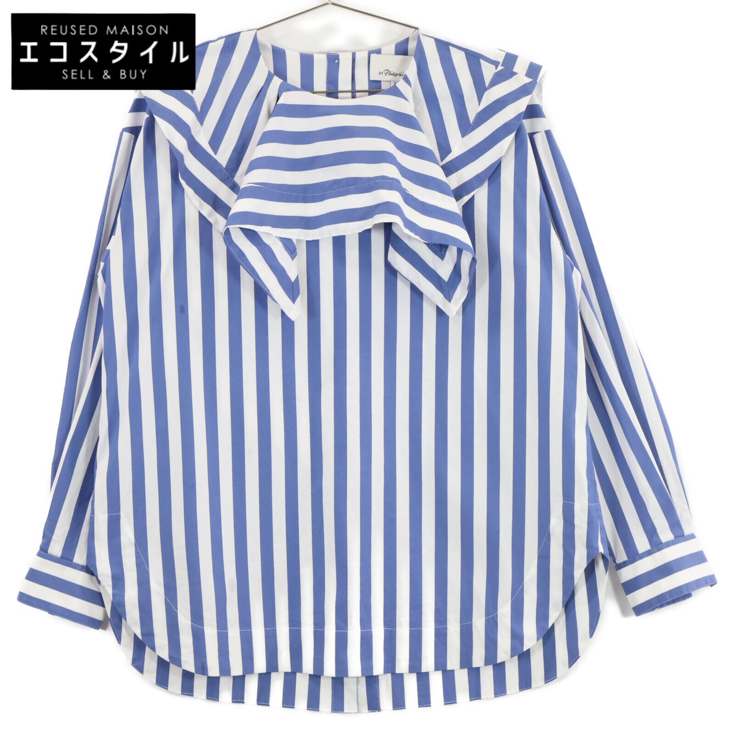 3.1 Phillip lim スリーワンフィリップリム ブルー×ホワイト LS ドレープハンカチカラー トップス 2