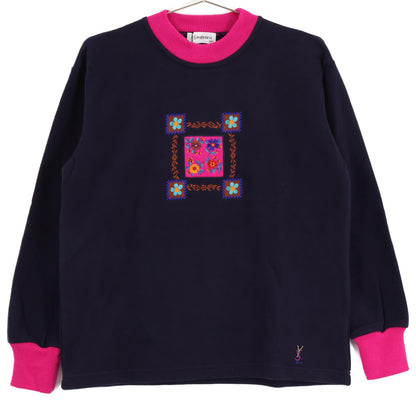 Yves Saint-Laurent イヴサンローラン ﾈｲﾋﾞｰ×ﾋﾟﾝｸ ｺｯﾄﾝ 花柄刺繍 ﾄｯﾌﾟｽ トップス 150