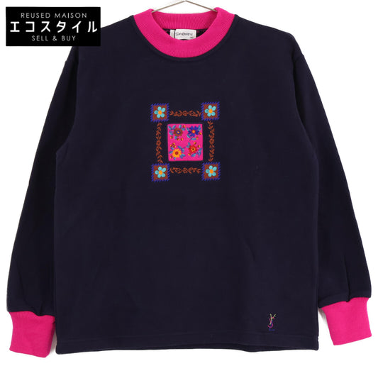 Yves Saint-Laurent イヴサンローラン ﾈｲﾋﾞｰ×ﾋﾟﾝｸ ｺｯﾄﾝ 花柄刺繍 ﾄｯﾌﾟｽ トップス 150