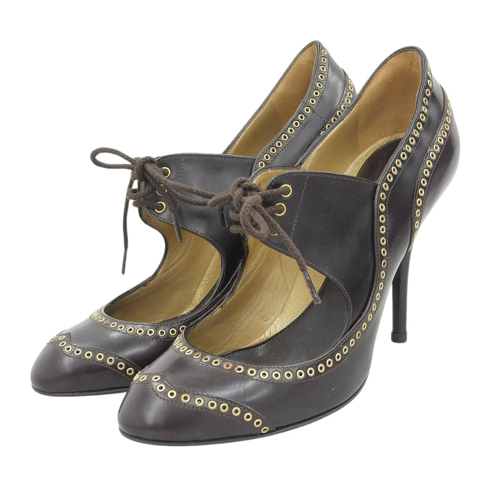 Sergio Rossi セルジオロッシ 美品 レザー レースアップ ラウンドトゥ ヒールパンプス レディース ブラウン 38 シューズ 38