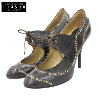 Sergio Rossi セルジオロッシ 美品 レザー レースアップ ラウンドトゥ ヒールパンプス レディース ブラウン 38 シューズ 38