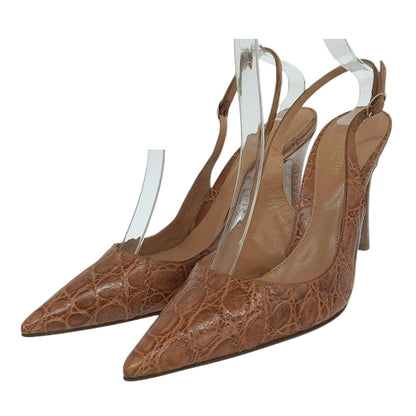 Sergio Rossi セルジオロッシ 美品 型押し レザー ポインテッドトゥ ヒールパンプス レディース ブラウン 37 1/2 パンプス シューズ 37.5