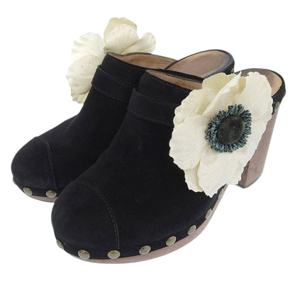 CHANEL シャネル スエード フラワーコサージュ ウッド ヒール サンダル レディース ブラック 38 1/2 シューズ 38 1/2