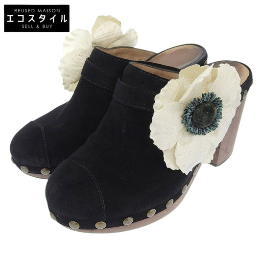CHANEL シャネル スエード フラワーコサージュ ウッド ヒール サンダル レディース ブラック 38 1/2 シューズ 38 1/2