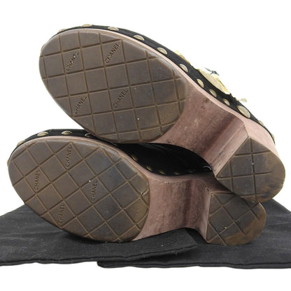 CHANEL シャネル スエード フラワーコサージュ ウッド ヒール サンダル レディース ブラック 38 1/2 シューズ 38 1/2