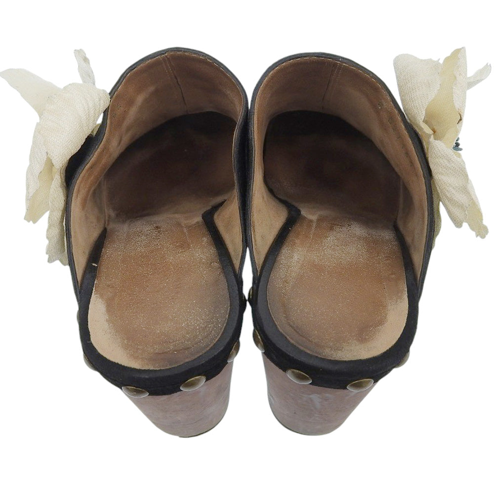 CHANEL シャネル スエード フラワーコサージュ ウッド ヒール サンダル レディース ブラック 38 1/2 シューズ 38 1/2