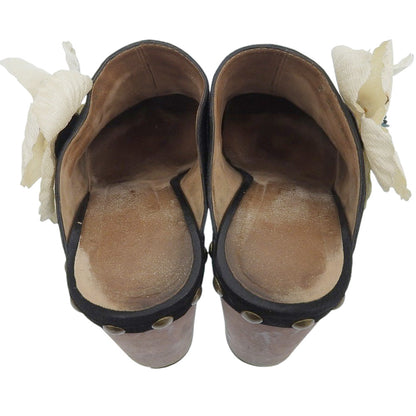 CHANEL シャネル スエード フラワーコサージュ ウッド ヒール サンダル レディース ブラック 38 1/2 シューズ 38 1/2