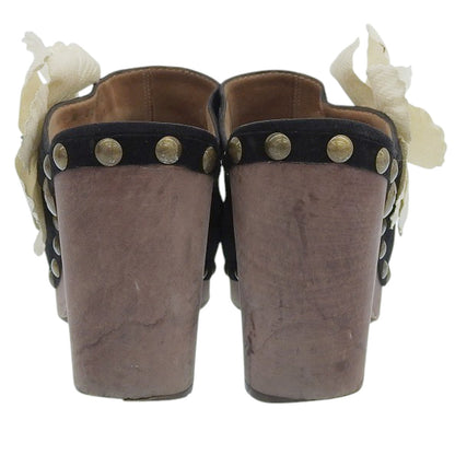 CHANEL シャネル スエード フラワーコサージュ ウッド ヒール サンダル レディース ブラック 38 1/2 シューズ 38 1/2