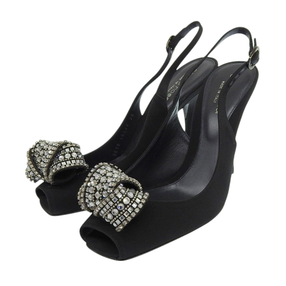 Sergio Rossi セルジオロッシ 美品 ビジュー オープントゥ ストラップ スリングバック パンプス レディース ブラック 38 シューズ 38