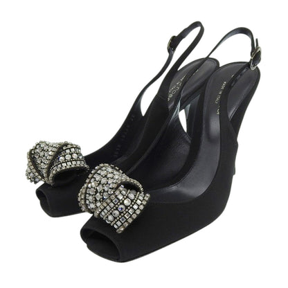 Sergio Rossi セルジオロッシ 美品 ビジュー オープントゥ ストラップ スリングバック パンプス レディース ブラック 38 シューズ 38