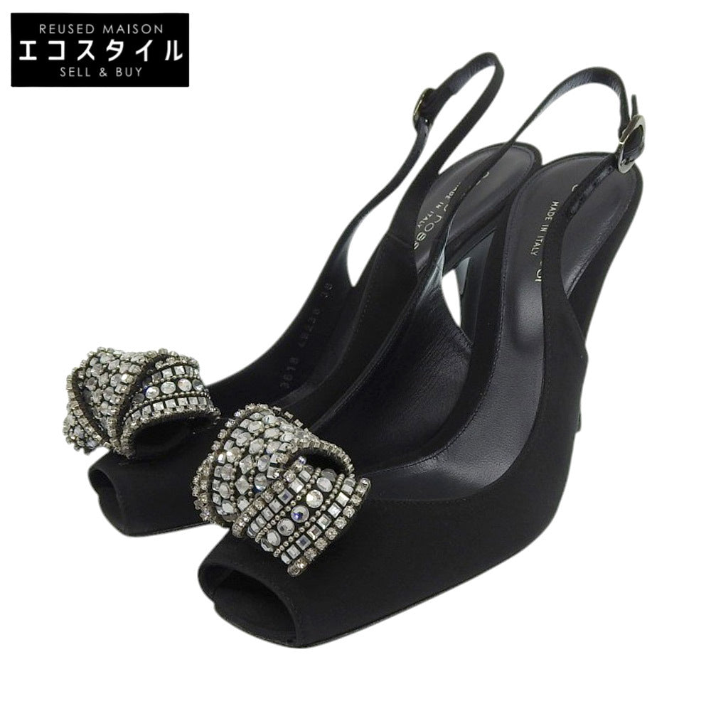 Sergio Rossi セルジオロッシ 美品 ビジュー オープントゥ ストラップ スリングバック パンプス レディース ブラック 38 シューズ 38