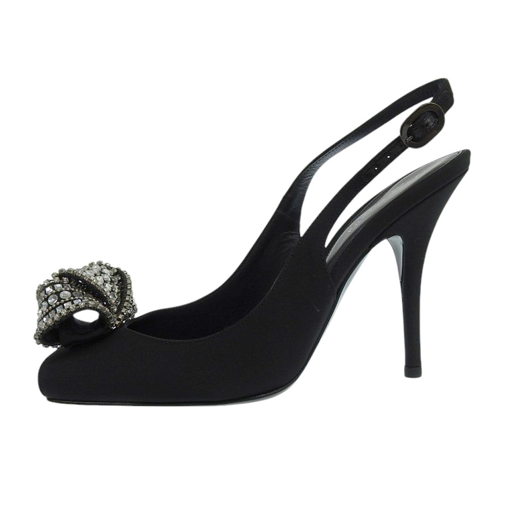 Sergio Rossi セルジオロッシ 美品 ビジュー オープントゥ ストラップ スリングバック パンプス レディース ブラック 38 シューズ 38
