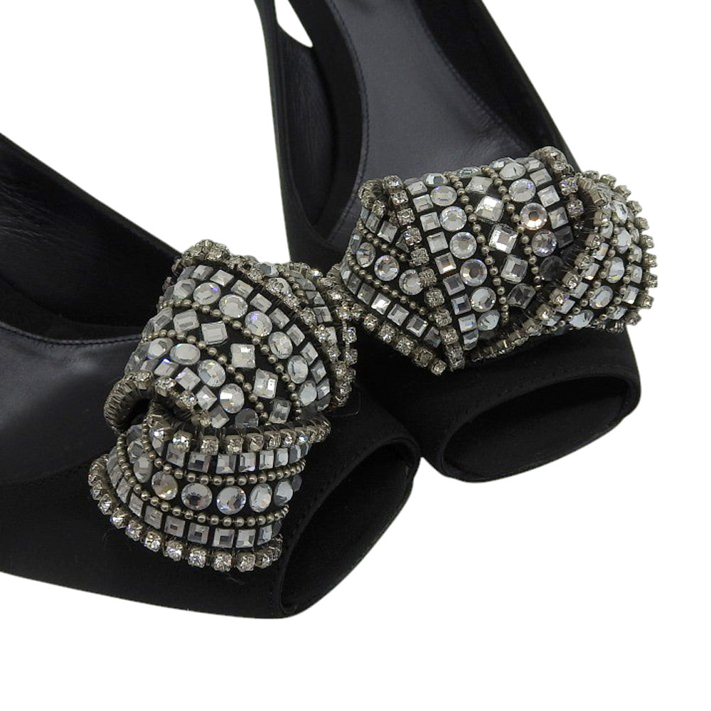 Sergio Rossi セルジオロッシ 美品 ビジュー オープントゥ ストラップ スリングバック パンプス レディース ブラック 38 シューズ 38