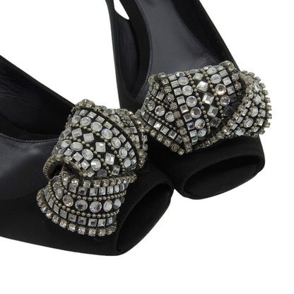 Sergio Rossi セルジオロッシ 美品 ビジュー オープントゥ ストラップ スリングバック パンプス レディース ブラック 38 シューズ 38