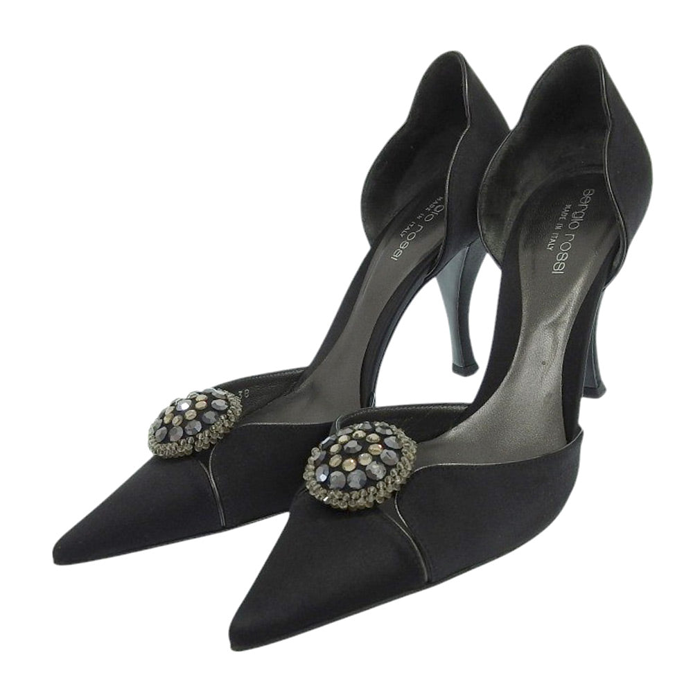Sergio Rossi セルジオロッシ サテン ビジュー ポインテッドトゥ パンプス レディース ブラック 38 シューズ 38