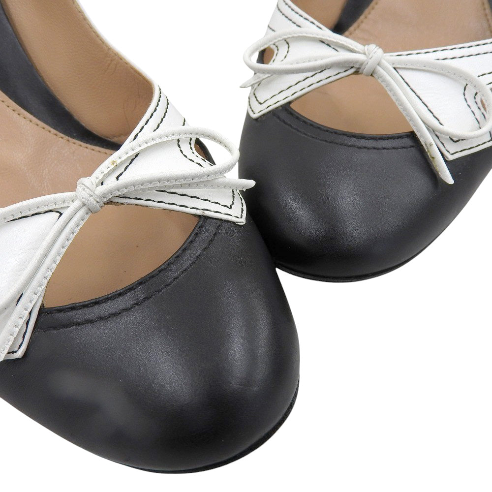 Sergio Rossi セルジオロッシ レザー リボン ラウンドトゥ パンプス レディース ブラック×ホワイト 38 1/2 シューズ 38.5