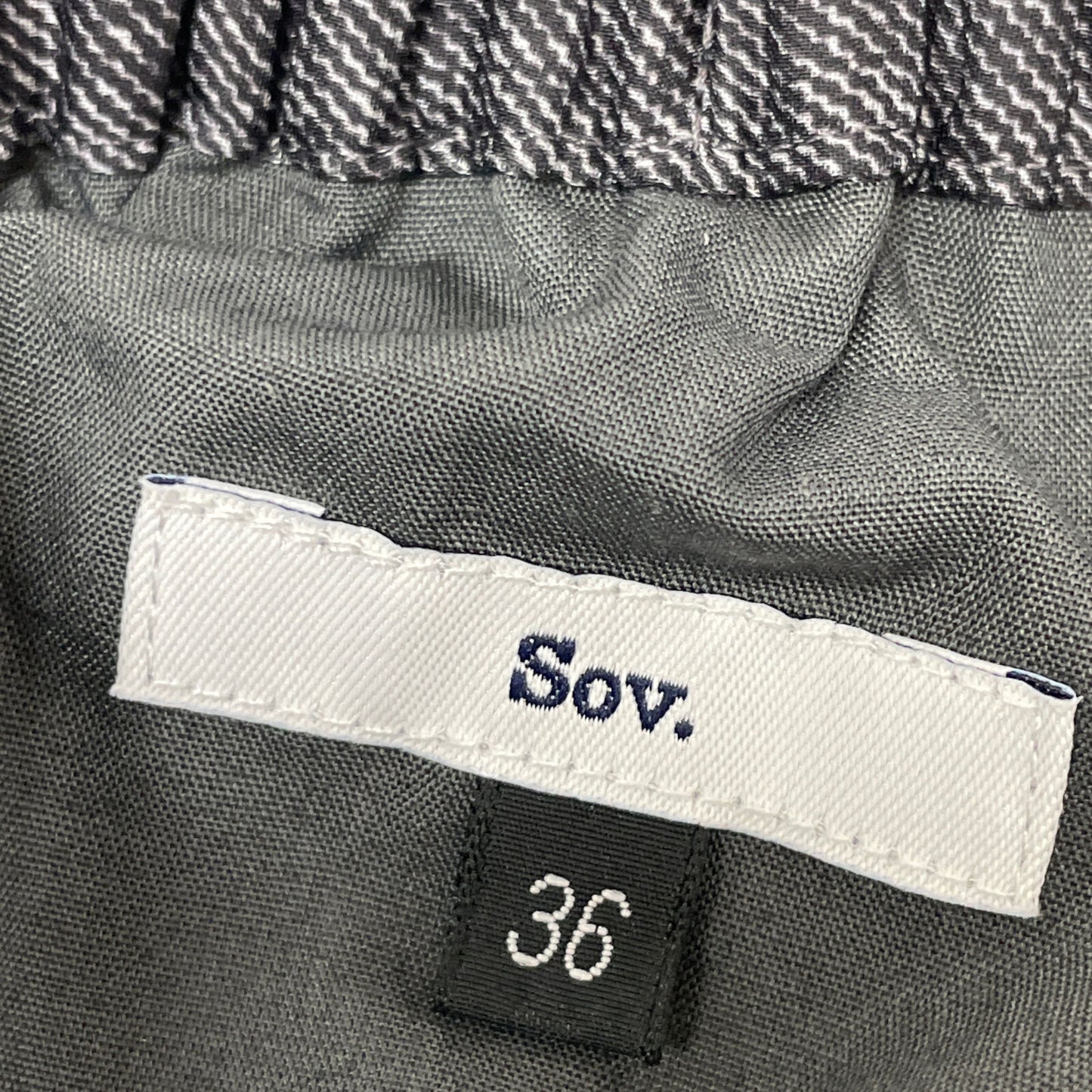 SOV. ソブ ダブルスタンダード 25年製 ｸﾞﾚｰ ｻﾃﾝﾃﾞﾆﾑﾌﾟﾘﾝﾄｷﾞｬｻﾞｰｽｶｰﾄ スカート 36