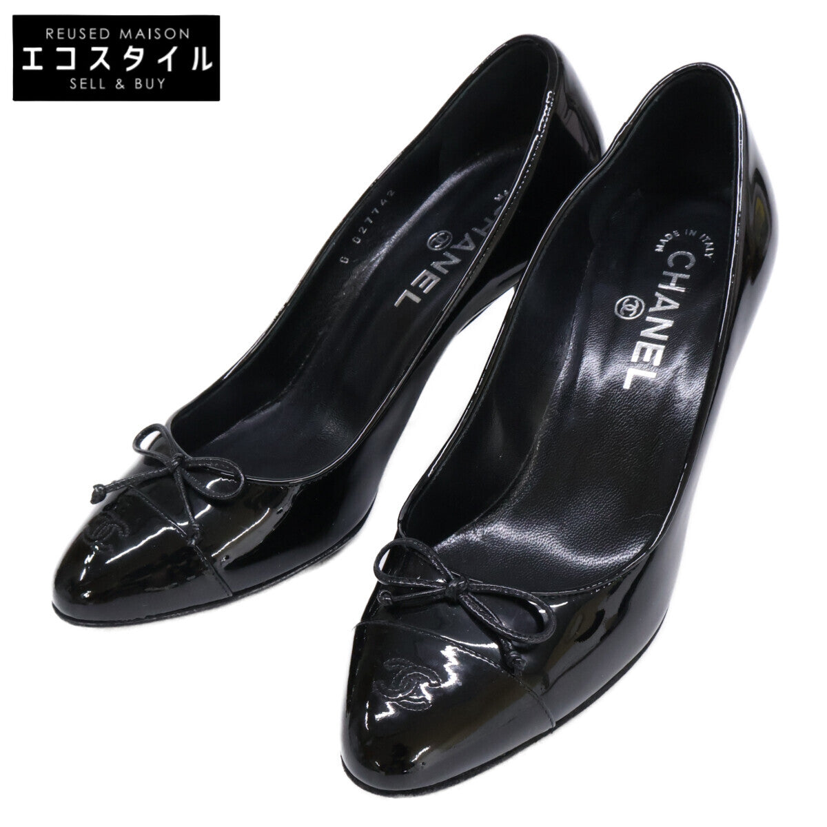 CHANEL シャネル 【美品】G27742 ココマーク リボン エナメル ヒール シューズ 37 1/2