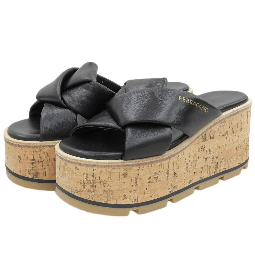 Salvatore Ferragamo サルヴァトーレフェラガモ 新品同様 ENGRACIA コルク ウェッジソール サンダル シューズ レディース 黒 4C 24SS シューズ 4C