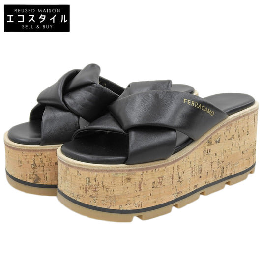 Salvatore Ferragamo サルヴァトーレフェラガモ 新品同様 ENGRACIA コルク ウェッジソール サンダル シューズ レディース 黒 4C 24SS シューズ 4C