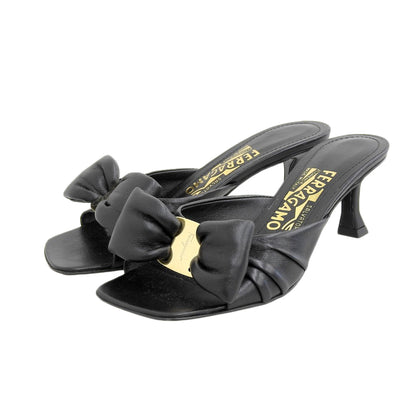 Salvatore Ferragamo サルヴァトーレフェラガモ 美品 レザー ヴァラ ボウ ヒール スライドサンダル シューズ レディース 黒 ブラック 4 シューズ 40