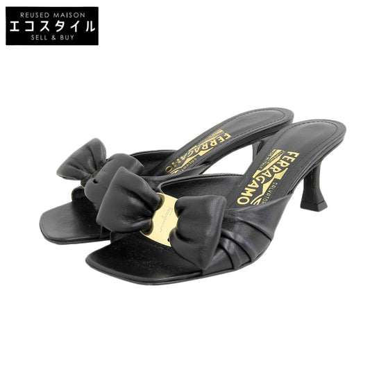 Salvatore Ferragamo サルヴァトーレフェラガモ 美品 レザー ヴァラ ボウ ヒール スライドサンダル シューズ レディース 黒 ブラック 4 シューズ 40