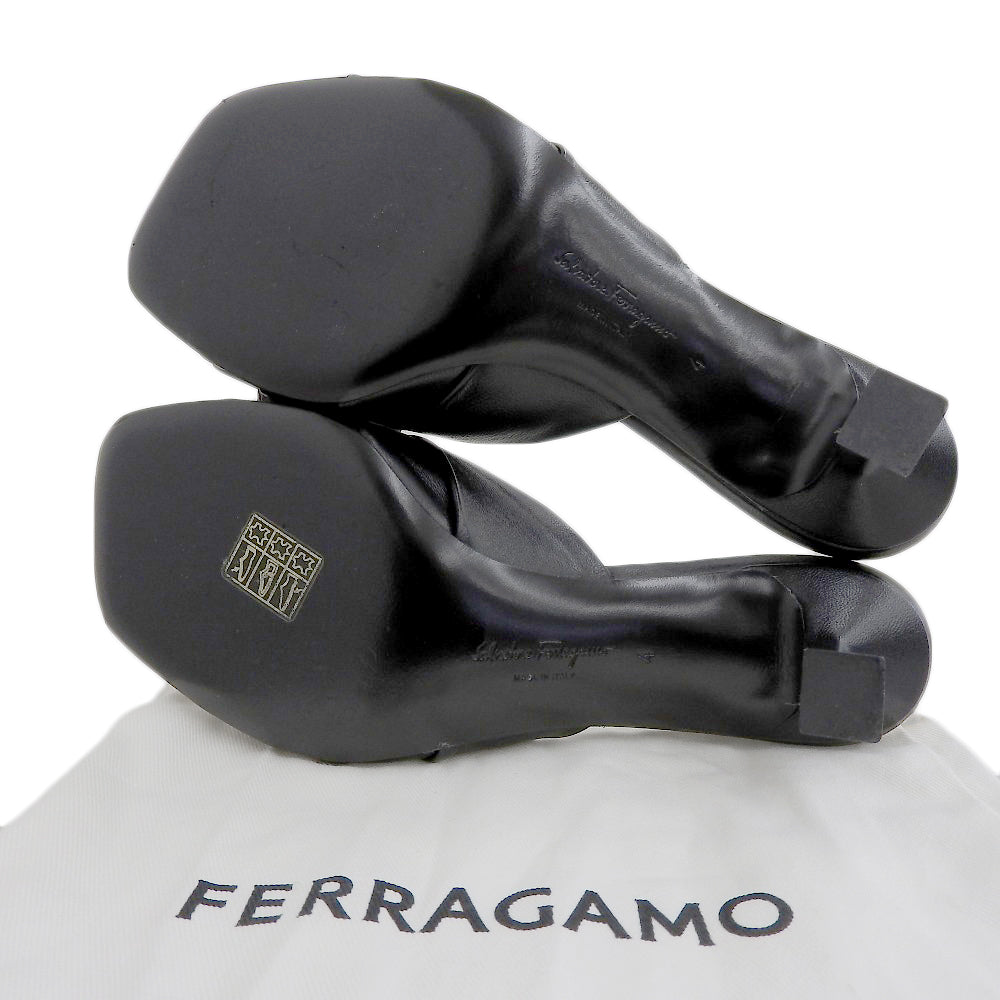 Salvatore Ferragamo サルヴァトーレフェラガモ 美品 レザー ヴァラ ボウ ヒール スライドサンダル シューズ レディース 黒 ブラック 4 シューズ 40