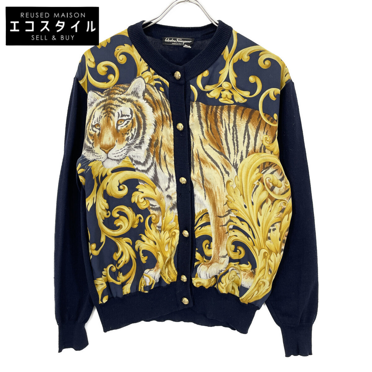 Salvatore Ferragamo サルヴァトーレフェラガモ ﾈｲﾋﾞｰ ﾀｲｶﾞｰ 金ﾎﾞﾀﾝ ｶｰﾃﾞｨｶﾞﾝ トップス S